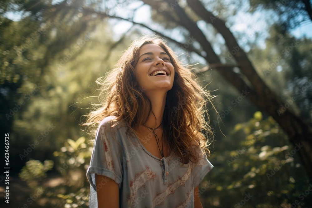 happy woman posing against a background of trees