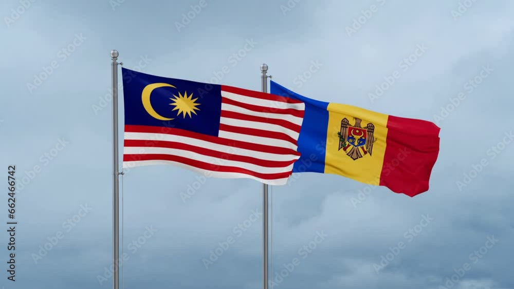 Moldova and Malaysia flag waving together on cloudy sky, endless seamless loop, two country cooperation concept Moldova and Malaysia flag waving together on cloudy sky, endless seamless loop, two country cooperation concept