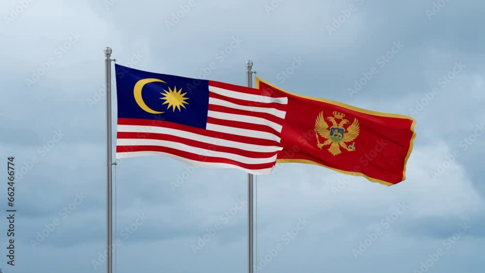 Montenegro and Malaysia flag waving together on cloudy sky, endless seamless loop, two country cooperation concept Montenegro and Malaysia flag waving together on cloudy sky, endless seamless loop, two country cooperation concept