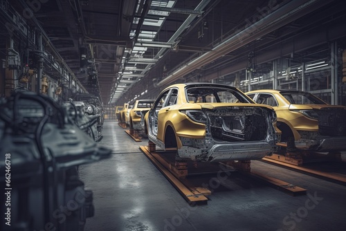 Production line of a car manufacturing plant. Assembling cars with the help of a robotic arm