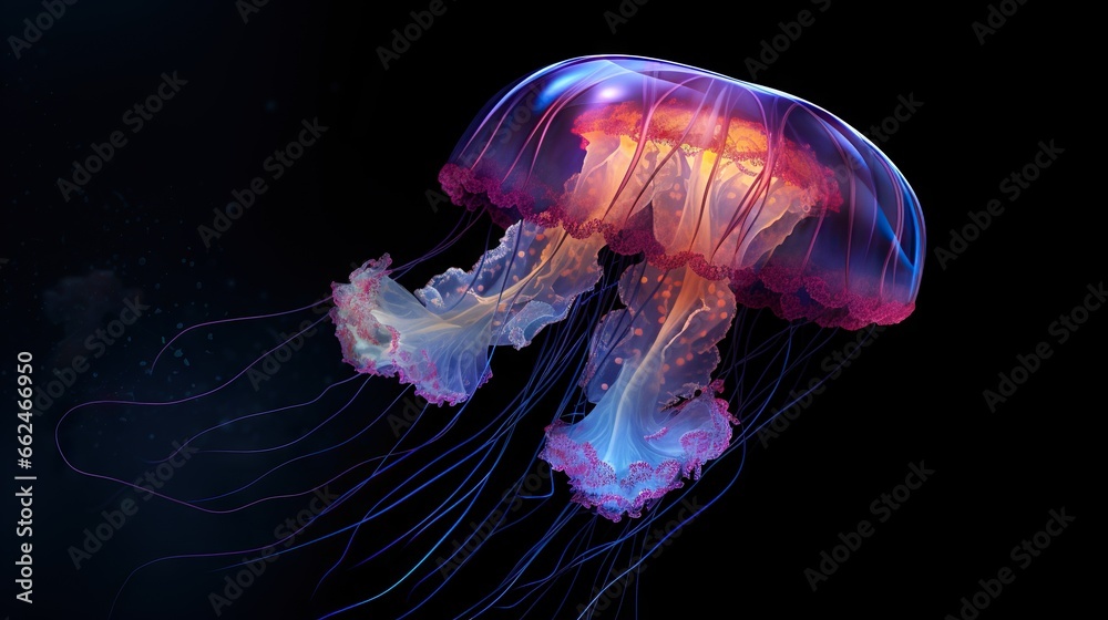 Fototapeta premium a close up of a jellyfish on a black background. generative ai