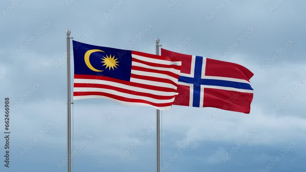 Norway flag and Malaysia flag waving together on cloudy sky, endless seamless loop, two country relations concept Norway flag and Malaysia flag waving together on cloudy sky, endless seamless loop, two country relations concept