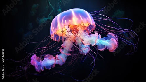  a group of jellyfish floating in the water at night.  generative ai © Anna