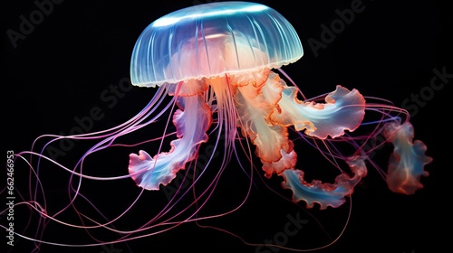  a jellyfish is swimming in the water with a black background.  generative ai © Anna