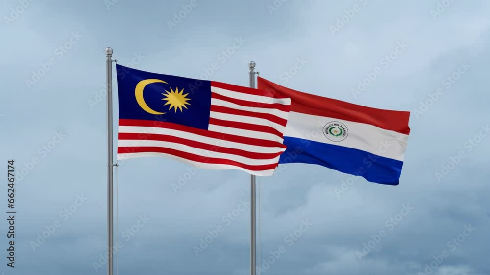 Paraguay flag and Malaysia flag waving together on cloudy sky, endless seamless loop, two country relations concept Paraguay flag and Malaysia flag waving together on cloudy sky, endless seamless loop, two country relations concept