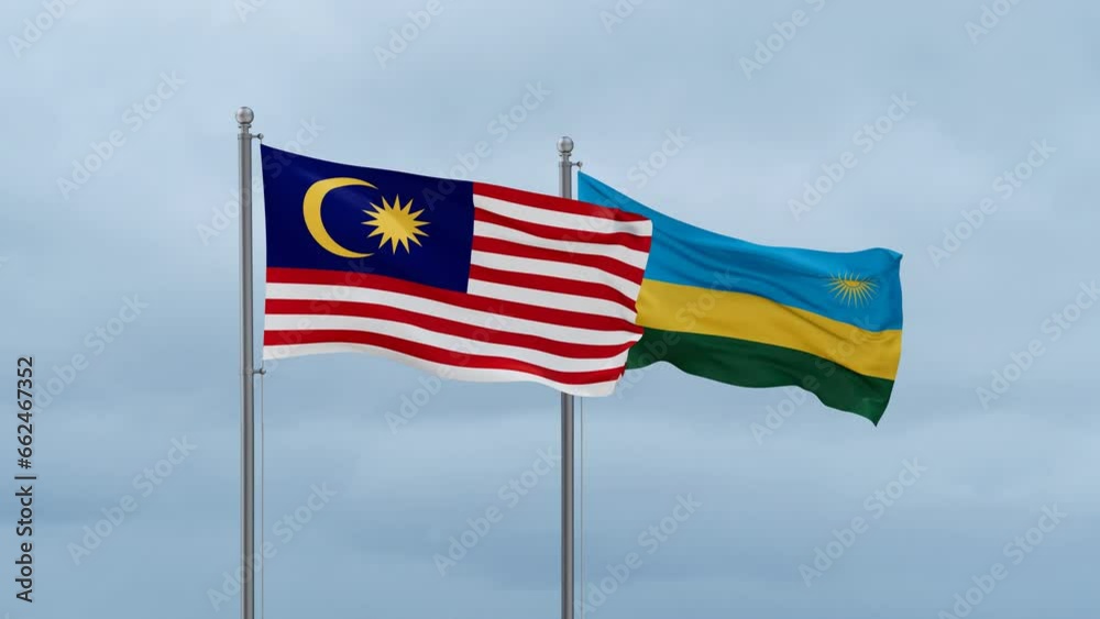 Republic of Rwanda and Malaysia flag waving together on cloudy sky, endless seamless loop, two country cooperation concept Republic of Rwanda and Malaysia flag waving together on cloudy sky, endless seamless loop, two country cooperation concept