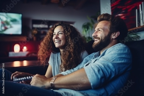 a happy couple relaxes and watches movies and cable television news photo
