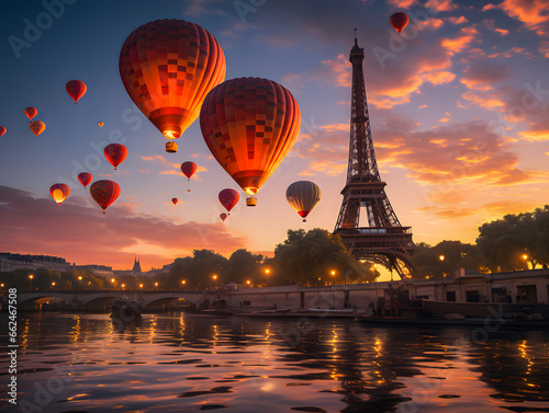 Hot air balloons flying over Paris - the city of love. Flying over the beautiful scenery above the town in the rays of the setting sun. Valentine's Day. Illustration. Love banner. Generative AI
