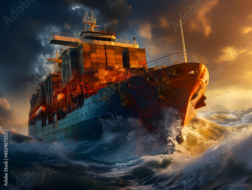 Container ship with many containers on board during a storm in the open ocean. Gloomy stormy weather. Big Waves hitting a container ship. Sun rays falling on the ship. Generative AI