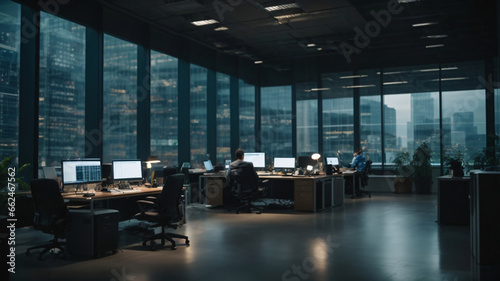 Office interior with panoramic windows and city view. Workplace and technology concept