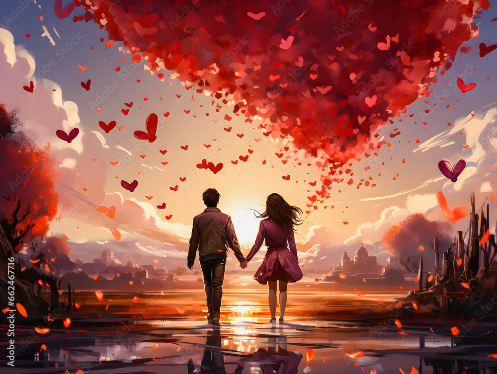 Romantic couple in love, two young people holding hands surrounded by red and love red hearts. Couple in love. Valentine's Day. Illustration. Love banner. Generative AI