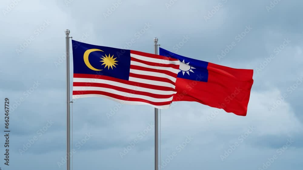 Taiwan and Malaysia flag waving together on cloudy sky, endless seamless loop, two country cooperation concept Taiwan and Malaysia flag waving together on cloudy sky, endless seamless loop, two country cooperation concept