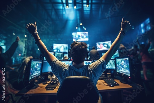 Professional e-sportsman rejoices at the victory in the sports arena, sitting at the computer raises his hands up, rear view, fans and spectators look at him