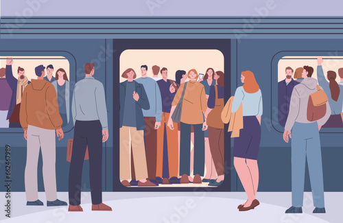 People crowd in subway train. Public transportation peak hours, passengers on metro platform and in railway overcrowded carriage kicky vector scene