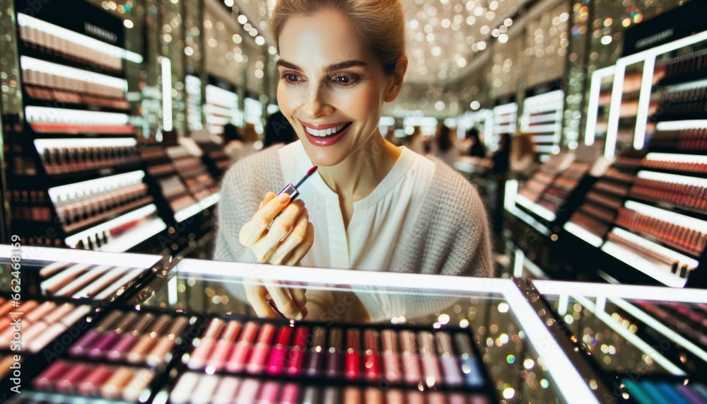 Close-up photo of a cheerful Caucasian woman in a gleaming beauty store. She's surrounded by an array of colorful makeup palettes