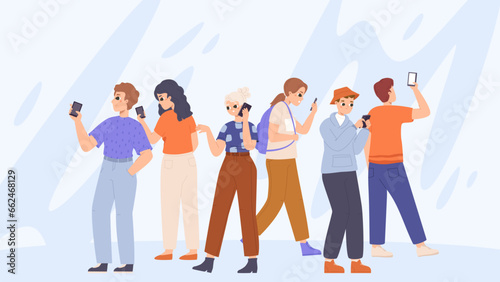 Teens communication online, gadget addiction concept. Young adults using smartphones on walk, posting and chatting. Digital time snugly vector scene