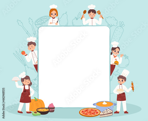 Kids cooking fun banner. Children in chef uniform, food prepare workshop empty poster or diploma. Little professional chefs snugly vector background
