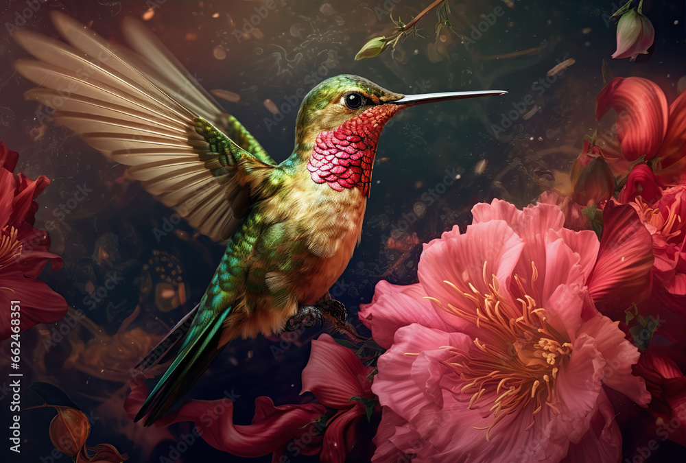Fototapeta premium Scaly-breasted hummingbird feeding on flowers. Created with Generative AI
