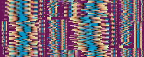 Glitch effect in abstract seamless texture with warm multi colors ombre stripes transitions. Psychedelic background for wall art, wallpaper, wall panel, textile, poster, interior decor.