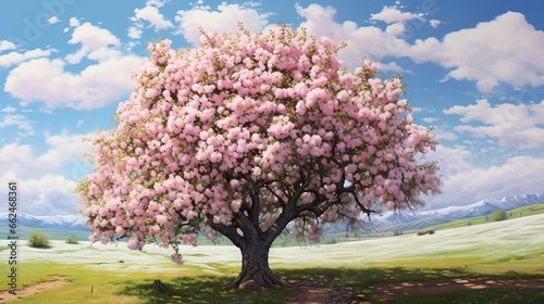  a painting of a tree with pink flowers in the foreground. generative ai