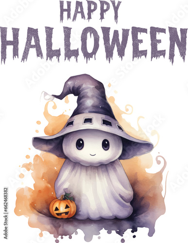 vector Happy Halloween cute ghost with pumpkin watercolor illustration