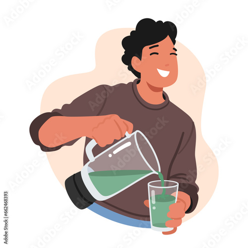 Vegan Man Carefully Pours Vibrant, Plant-based Smoothie Into A Glass, Creating A Green Cascade Of Nutritious Goodness