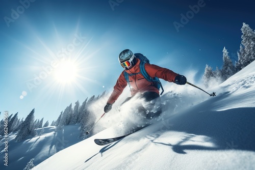 Skier skis down the mountain on a sunny, clear day. Sports, recreation