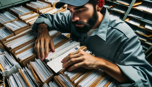 Close-up photo of a male postal worker with Hispanic descent, meticulously arranging mail into different categories.