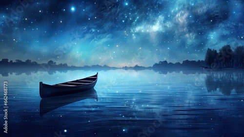  a boat floating on top of a lake under a night sky filled with stars. generative ai