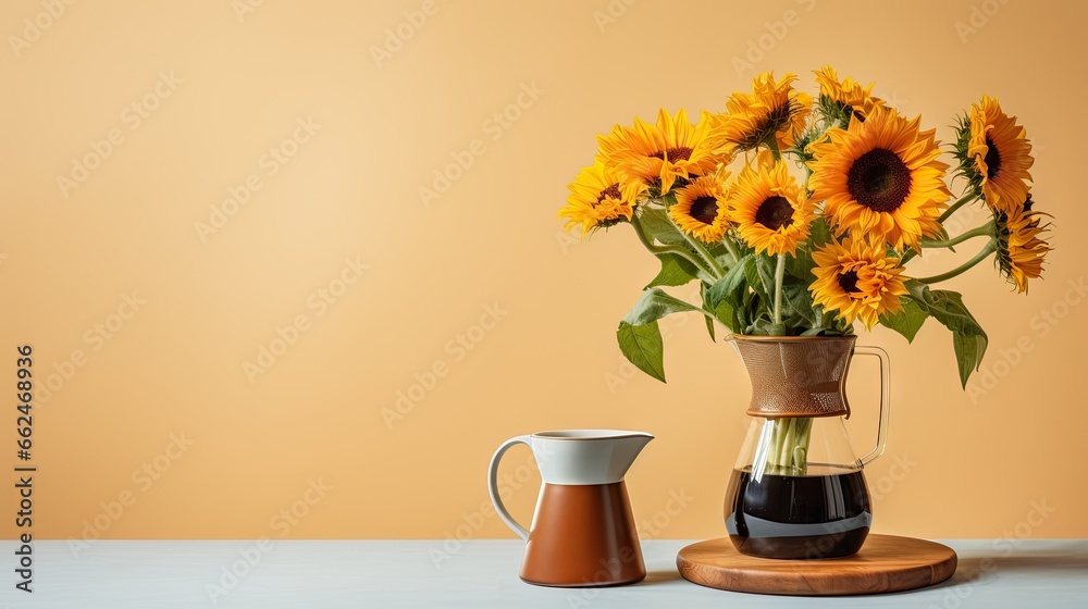  a vase of sunflowers sitting next to a coffee pot.  generative ai