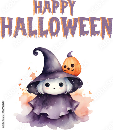 vector Happy Halloween cute ghost with pumpkin watercolor illustration
