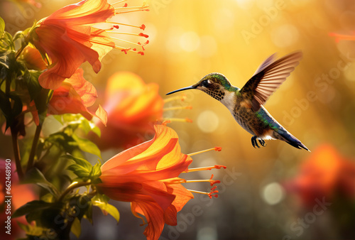 Scaly-breasted hummingbird feeding on flowers. Created with Generative AI photo