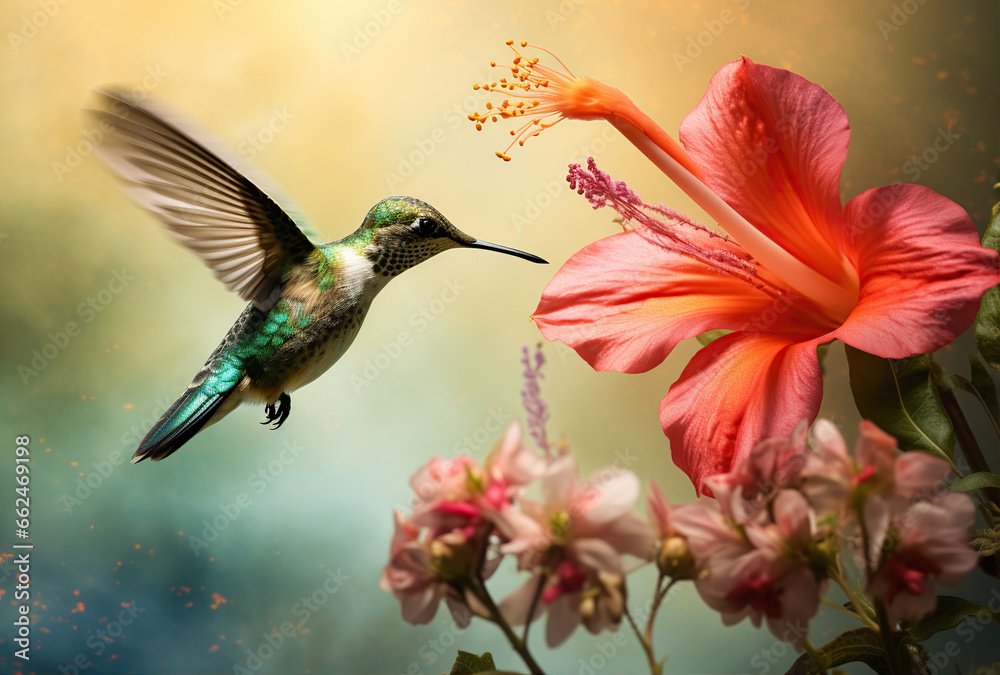 Fototapeta premium Scaly-breasted hummingbird feeding on flowers. Created with Generative AI