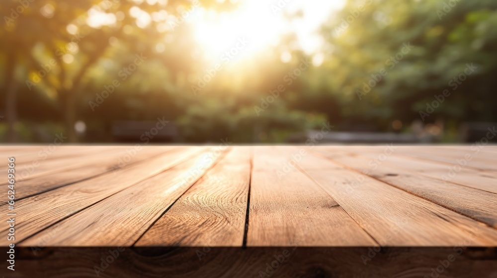 Empty Wooden surface for presentation with blurred garden background, mockup, Space for presentation product Empty Wooden surface for presentation with blurred garden background, mockup, Space for presentation product