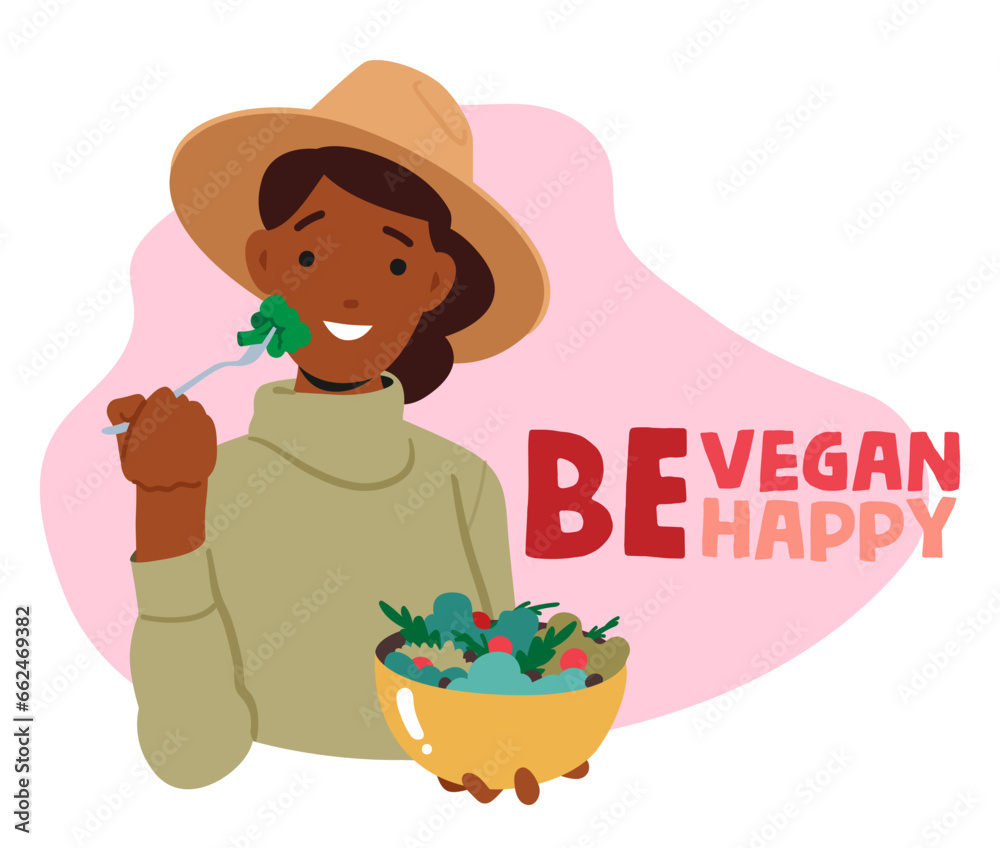 Health-conscious Vegan Woman Enjoys A Salad, Savoring Medley Of Fresh Greens, Colorful Veggies, Vector Illustration Health-conscious Vegan Woman Enjoys A Salad, Savoring Medley Of Fresh Greens, Colorful Veggies, Vector Illustration