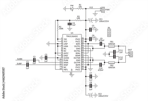 Schematic diagram of electronic device.
Vector drawing electrical circuit with led, integrated circuit, capacitor, resistor,
and electronic components.