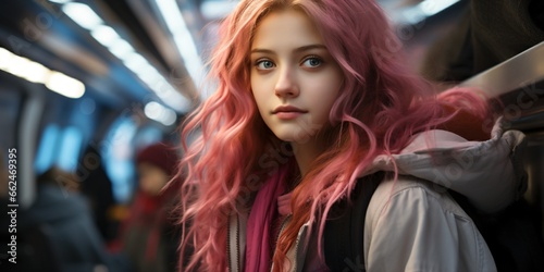cool young girl with pink hair on a futuristic train station