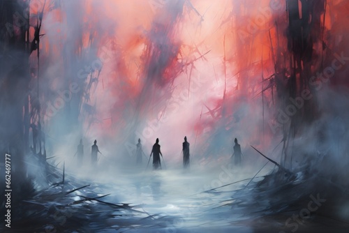 Elusive mist walkers, traversing through dense fog and hidden realms - Generative AI photo