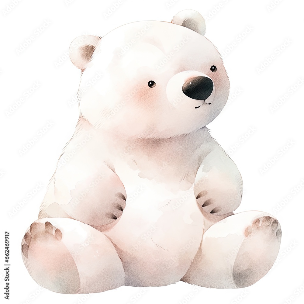 Fototapeta premium Watercolor cute little polar bear isolated on white background. Cartoon polar animal. Baby shower card. Illustration for greeting card, kids birthday, invitation, poster or banner