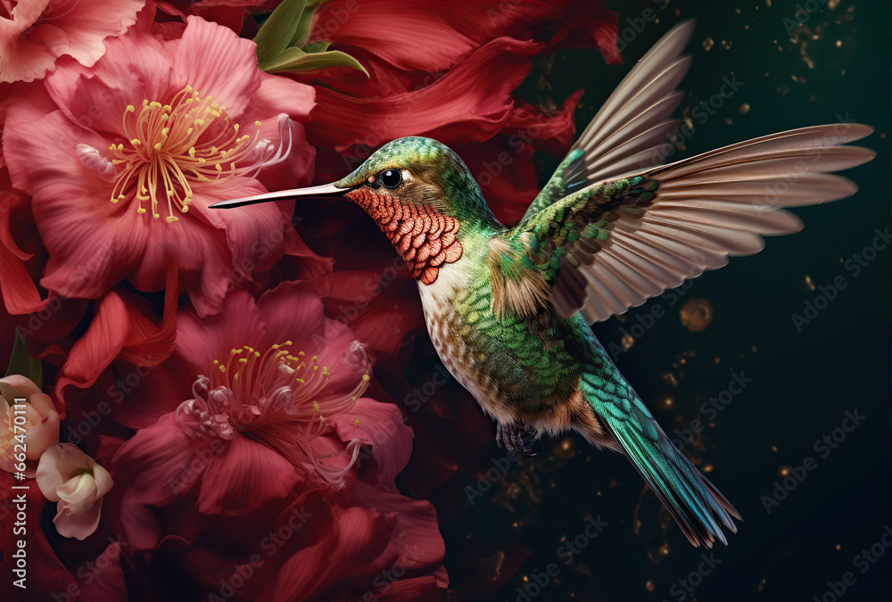 Obraz premium Scaly-breasted hummingbird feeding on flowers. Created with Generative AI