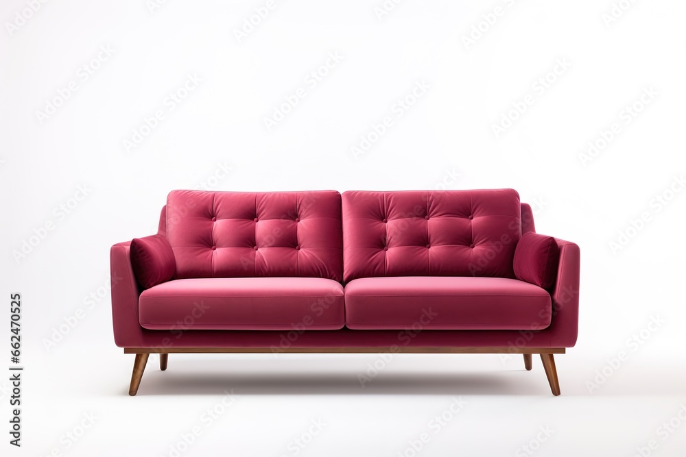 Viva magenta trend color sofa. Modern interior design with accent luxury vivid furniture. Closeup pillows and table. Crimson tone deep rich couch. Minimal interior design living home. 3d render