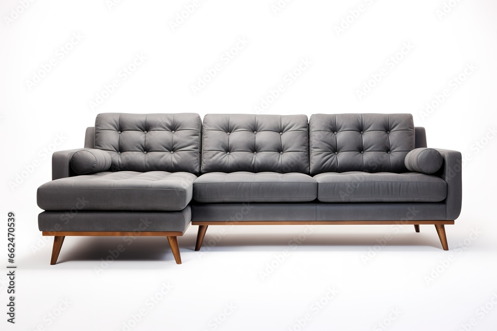 Minimalist Marvel Studio shot of a charcoal grey sofa on a carpet isolated on white background