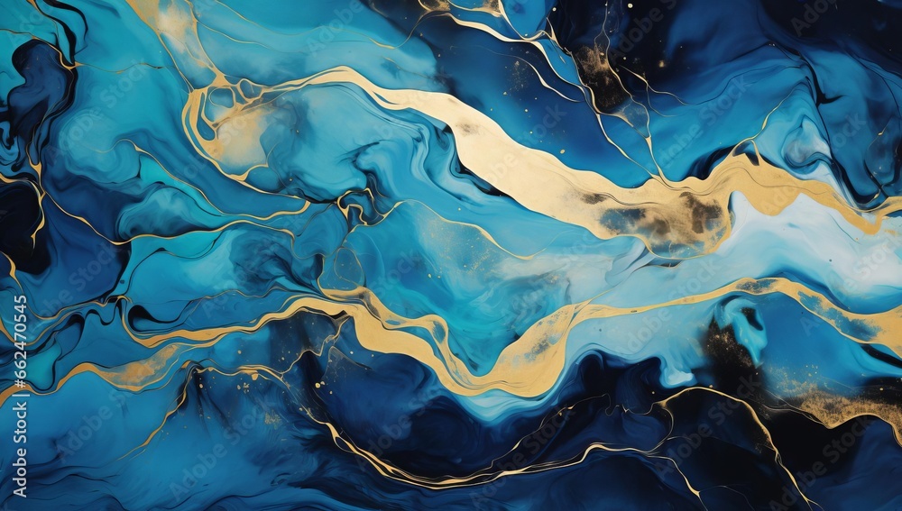Luxurious Abstract Fluid Art with Deep Blue and Gold Accents
