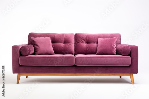 Minimalist Marvel Studio shot of a burgundy sofa on a carpet isolated on white background © Parvez