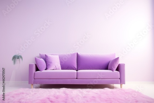 Ultra violet. The interior room with a ultra violet sofa  a large lamp and a table. 3d illustration.