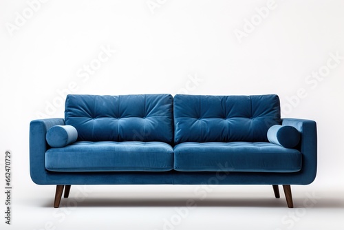 Minimalist Marvel Studio shot of an indigo sofa on a carpet isolated on white background