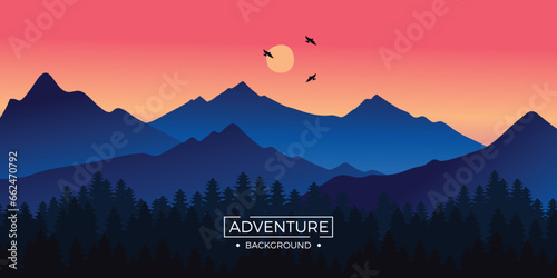 Adventure mountains sunset background with red light reflection and pine trees lined up. Background illustration.	
