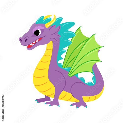 Cute violet dragon. Child dragon persona. Cartoon modern style vector illustration.