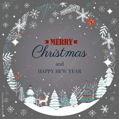 New year, Merry Chrisrmas template. Christmas card, frame with text. Winter concept in scandi style.