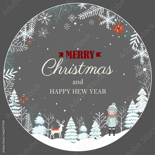 Christmas card, frame with snowflakes, trees. New year, Merry Chrisrmas template. Winter concept in scandi style.